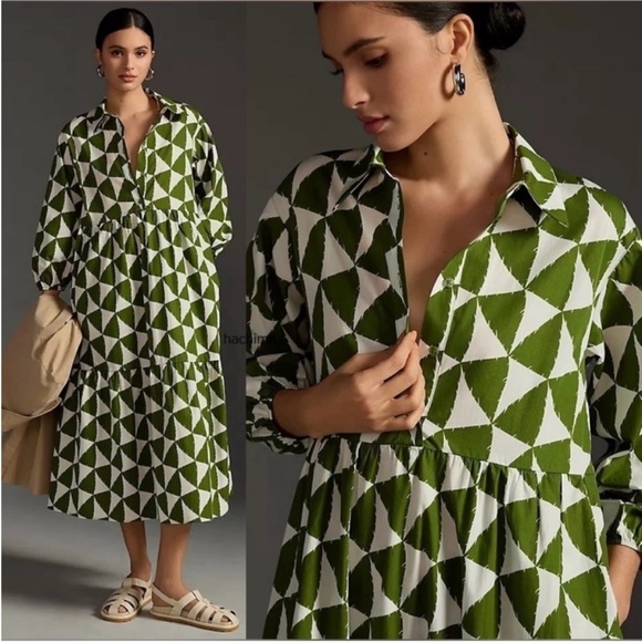 Anthropologie Dresses & Skirts - Anthropologie Maeve Bettina Tiered Shirt Dress Plus Size 1X Midi Green Pattern